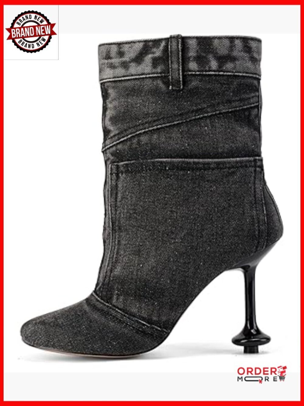 Denim Ankle Booties with Stiletto Heels Square Toe Retro Western Style